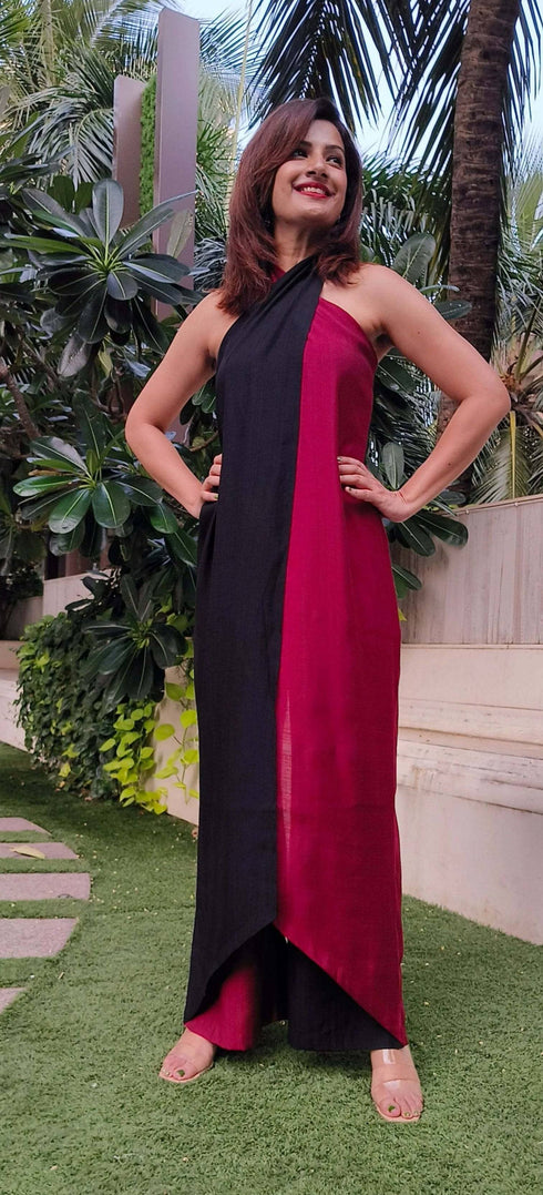 Red and Black Sarong Jumpsuit